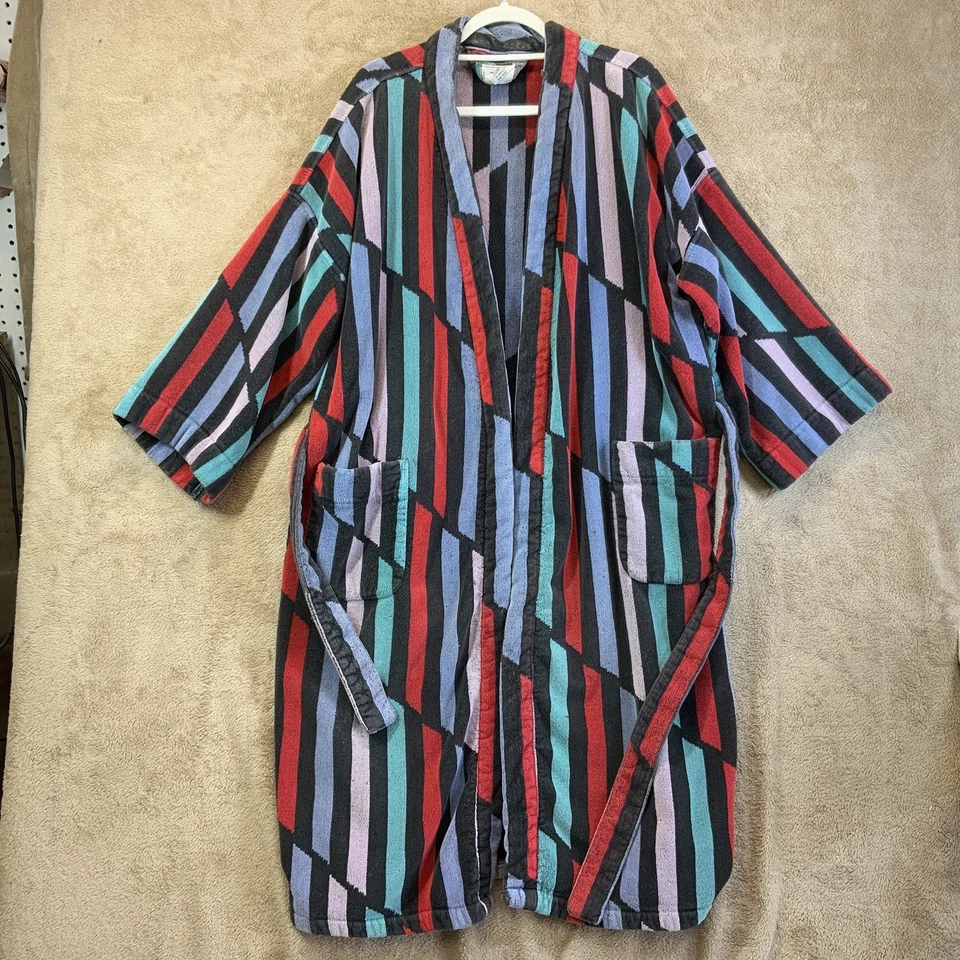 Bata de tela de rizo Bill Blass de colección adulto algodón pesado a rayas negro azul rojo azteca Foto 3 de 4