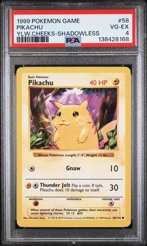 1999 POKEMON BASE SET YELLOW CHEEKS-SHADOWLESS #58 PIKACHU PSA 4