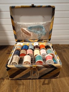 Vintage MCM Fabric Sewing Basket Box Plastic Handle Thread Pins Hook Eyelet Kit