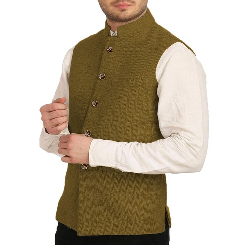 Mens Stand Up Collar Vintage Tweed Herringbone Waistcoat Vest Wedding Wool Groom - Picture 6 of 23