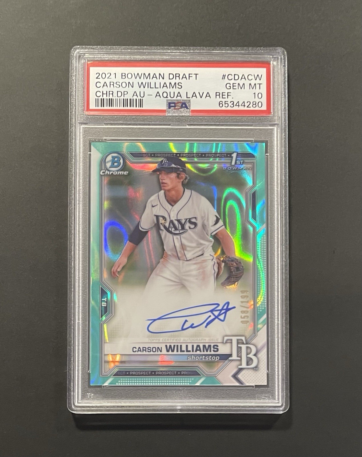 2021 1st Bowman Draft Chrome Carson Williams Auto /199 PSA 10 #CDA-CW Aqua Lava