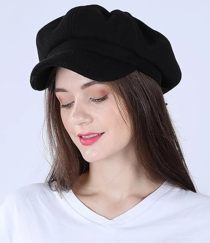 Sombrero Pageboy para Mujer Gorras de Fieltro de Lana Newsboy De Colección 8 Medianas, Estilo Negro3 Foto 4 de 4