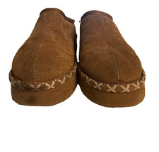 BEARPAW Suede Slip-On Slippers Brown Size M Faux Fur Lined size is an estimate 