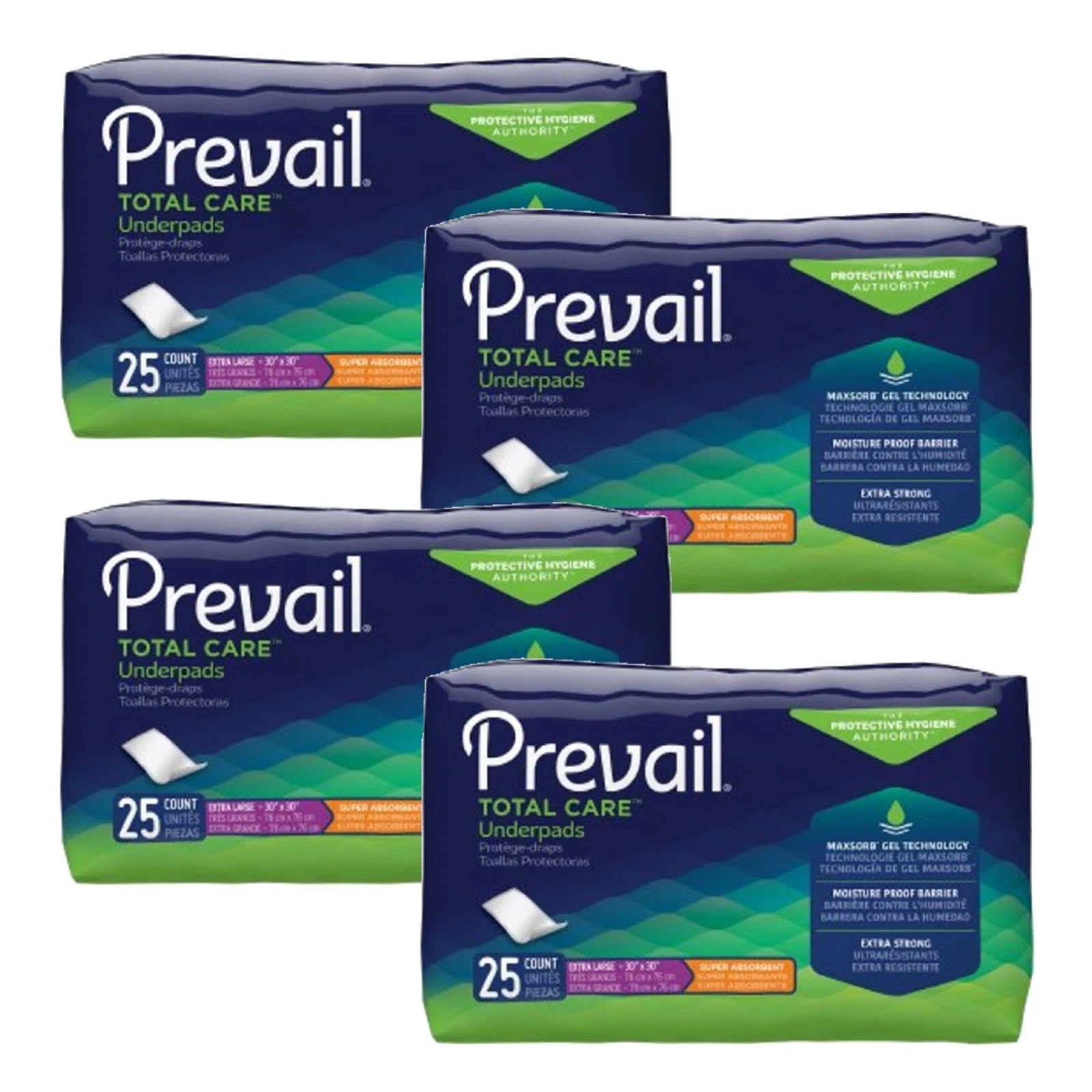 Prevail Total Care Underpads XL 30"x30" Super Absorbent Box of 4 Bags, NEW 100CT