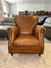 Tan Real Leather Professor Style Studded Wingback Armchair