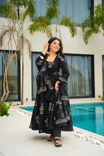 Women Plus Size Indian Floral Printed Top Palazzo Dupatta Set, Black Kurta Set
