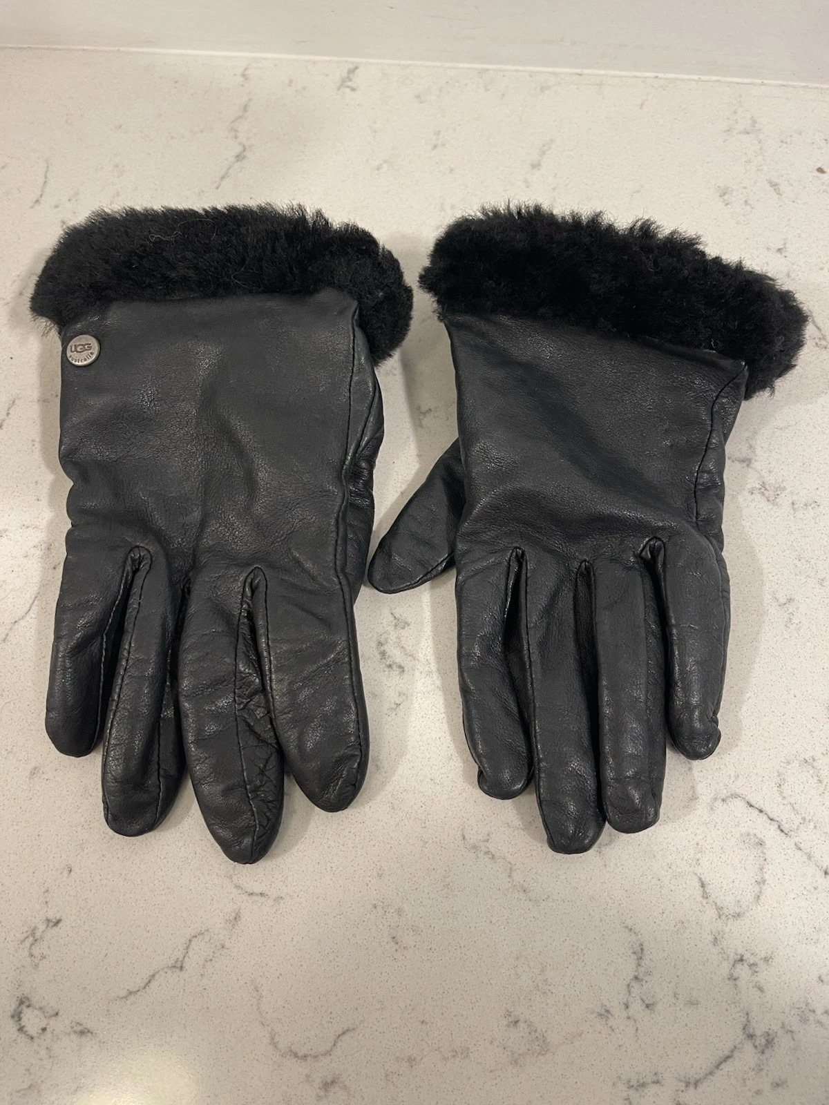 Authentic Women’s UGG Black Leather Gloves with Real Fur Trim, Lined, Size S