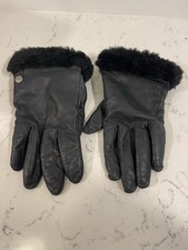 Authentic Women s UGG Black Leather Gloves with Real Fur Trim, Lined, Size S