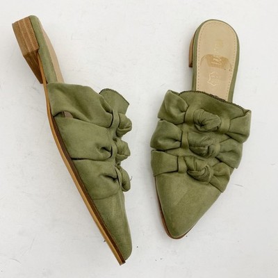 mi.im Jenelle Triple Bow Knotted Pointed Toe Mules Flats Womens 8.5M Olive Green