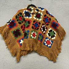 Vtg Granny Square Poncho 1970's Retro Handmade Knit Crochet Grandmacore
