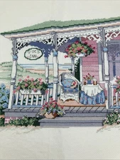 Completed Vintage Cross Stitch Tides Inn Porch Coastal Getaway Unframed 18 x 15"