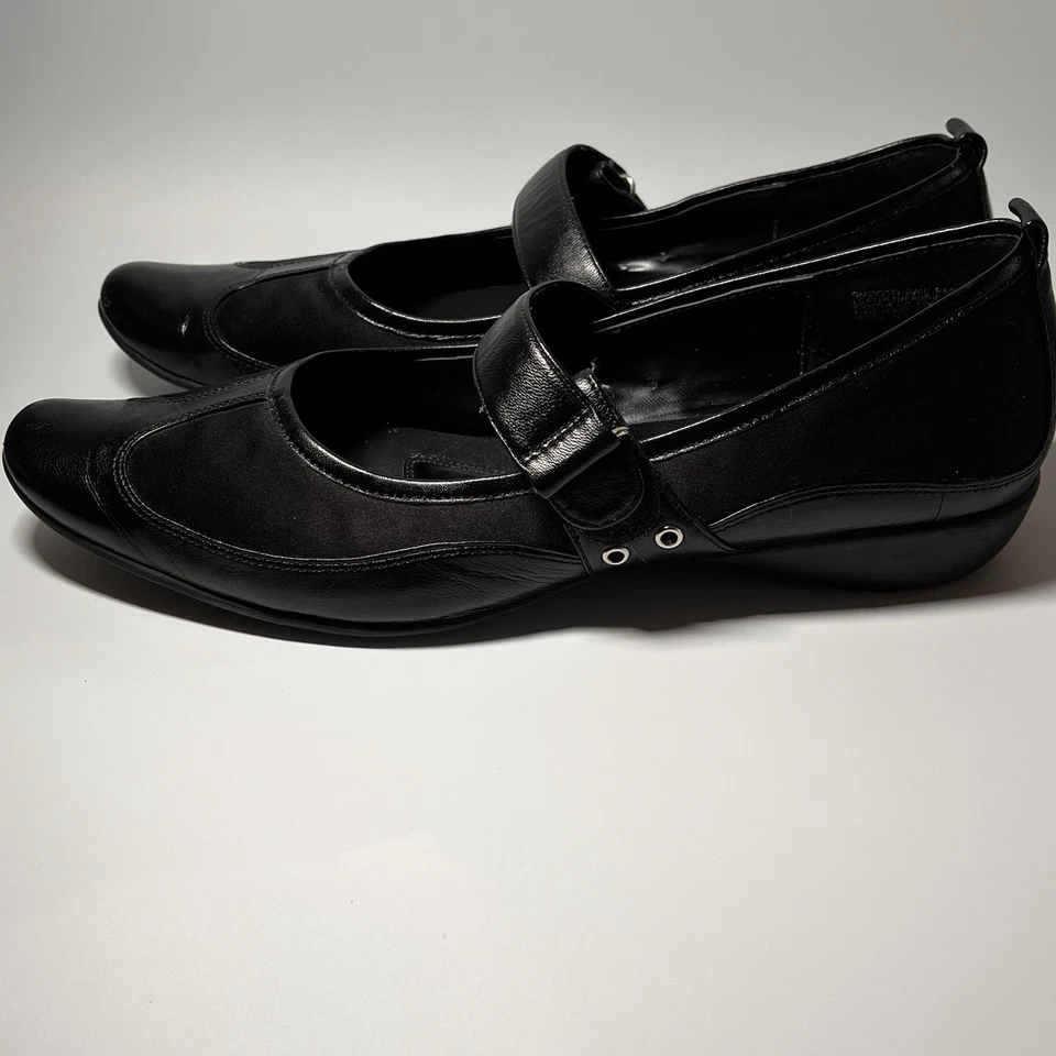 Zapatos Kenneth Cole Reaction Mary Jane Cuero Negro Cuña Baja Cómodos 9M Foto 2 de 4