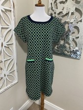 T BY TALBOTS medium petite MP GREEN NAVY RETRO SHORT SLEEVE STRETCH SHIFT DRESS