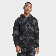 Men's Cotton Fleece Full Zip Sweatshirt - All in Motion Black Camo Print Size S