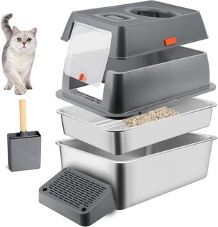 Cat Litter Box with Lid & Scoop For Auction Stainless Steel Dark Grey