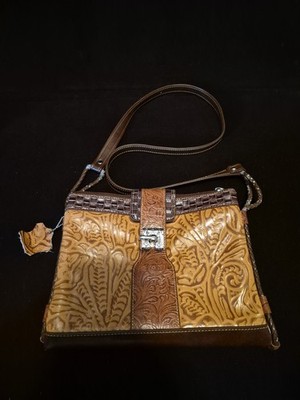 MC Marc Chantal Tooled Embossed Floral Artisan Brown Leather Crossbody Bag Purse
