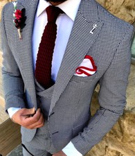 Designer business blue check men's suit sport coat pants waistcoat fitted slim fit
