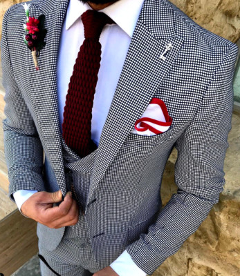 Designer business blue check men's suit sport coat pants waistcoat fitted slim fit