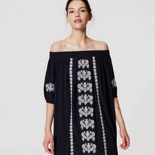 NWT Loft Dress Women’s XSP Floral Embroidered Off The Shoulder Navy Blue White