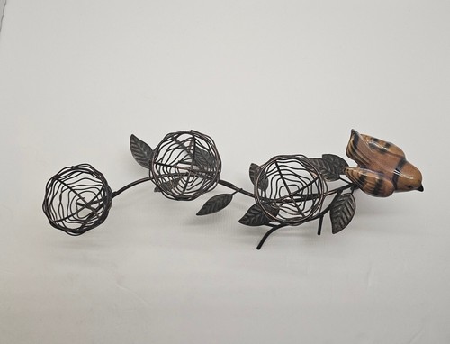 Vintage Bird Seated On Branches Triple Nest Tealight Candle Holder Metal Ceramic - Picture 7 of 9