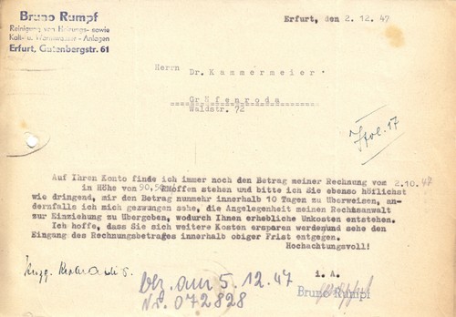 Mahnung der Fa. Rumpf, Erfurt über unbezahlte Rechnung, 2.12.1947