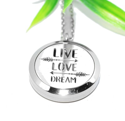 MEDAILLON +++ Edelstahl Duft Aroma Diffuser LIVE LOVE DREAM Kette Anhänger Pads