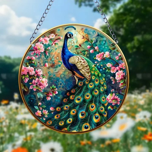 Peacock with Pink Flowers Double Sided Round Dyed Acrylic Decor - 第 1/4 張圖片