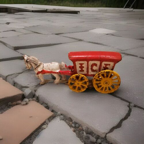 VINTAGE Cast Iron Horse And Ice Wagon No Markings. Paint Chipping Wheels Roll.