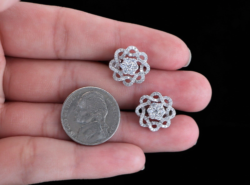 $4150 18k White Gold Cluster Pave Round Diamond Crossover Flower Huggie Earrings - Picture 3 of 8