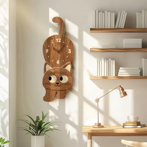 10 Inch Wooden Cute Cat Wall Clock Moving Eyes Analog Clock for Room Decor