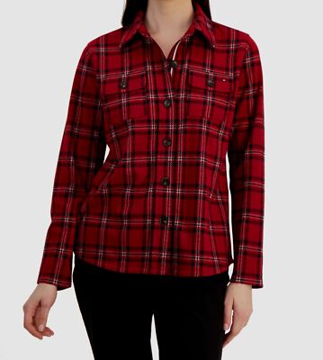 Tommy Hilfiger Women's Red Point Collared Plaid Shirt Jacket Size XL