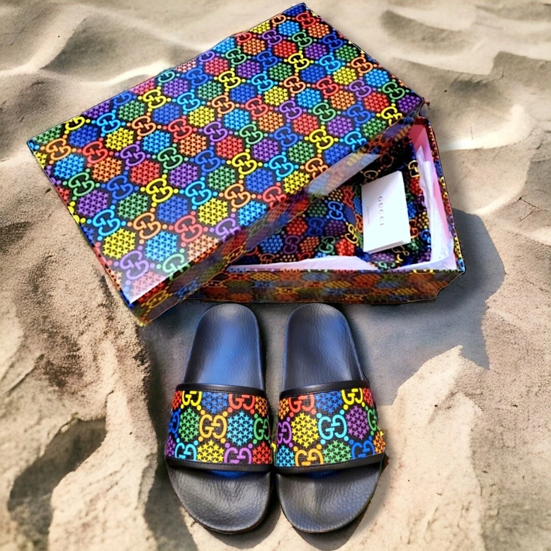 Neuf dans sa boîte GUCCI GG logo monogramme psychédélique coloré luxe slides hommes 7,5 USA 