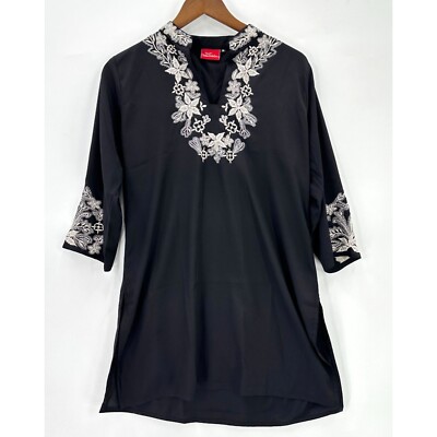 Indian Selections Kurta Womens Pullover 3/4 Sleeve Embroidered Sequin Black M