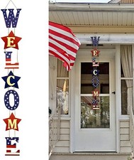 4th Of July Wooden Hanging Welcome Sign 7 Piece 45.3" x 5.9" Red White And Blue