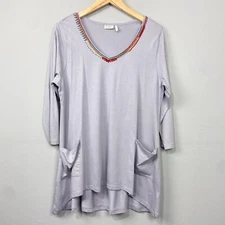 LOGO Lori Goldstein Tunic Top Size L Beaded Lagenlook Knit Artsy Pockets Casual