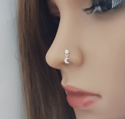 925 Sterling Silber Nasenpiercing Zirkonia Halbmond Piercing Nasenstecker Mond - 第 2/12 張圖片