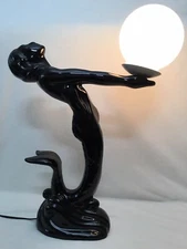 Art Deco Style Black Ceramic Mermaid Table Lamp Mid Century ca. 1970s Tested
