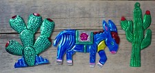 Donkey & 2 Cactus Tin Ornaments Handmade Hojalata Oaxaca Mexican Folk Art Burro
