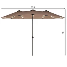 15Ft Patio Double-Sided Market Umbrella Crank Solar Powered 36 LED Lights Tan