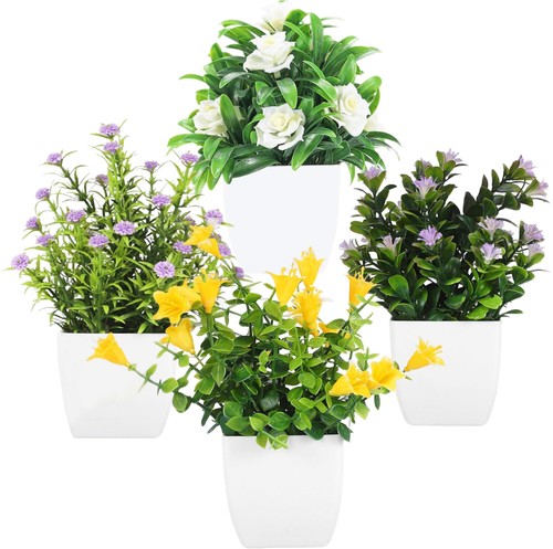 4 Pack Fake Plants Small Artificial Potted Faux Plants with Flowers Home Decor