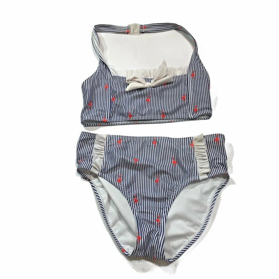 Joe Boxer Niñas Talla 7/8 Traje de Baño Azul Blanco Rayas Con Flamencos Halter Top Foto 2 de 4