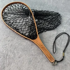 Vtg Wooden Fishing Net Fly Trout Landing Net Black Mesh Angler Cabin Lodge Decor