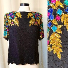 VTG 80s Stenay 100 Silk Sequin Beaded Scalloped Top Festival Wear