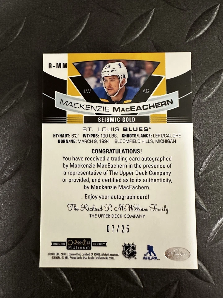 2019-20 O-Pee-Chee Platinum Seismic Gold 7/25 Mackenzie MacEachern #R-MM Auto RC - Image 2 of 2
