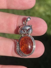 Silver Amber Cat Pendant, Vintage 925 4.8g
