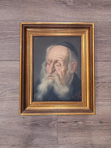 Pintura al óleo sobre lienzo firmada por Jeno Gussich enmarcada 9x12 rabino judío con tapa negra - Imagen 1 de 3