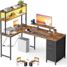 L-Shaped Computer Desk with LED Lights and Power Outlets, Corner Gaming Desk wit
