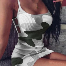 Women Spaghetti Strap Knit Bodycon Short Mini Dress Camouflage Sexy Party Club