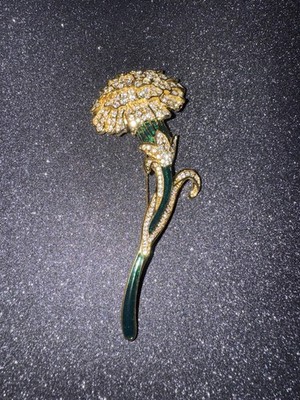 RARE Nolan Miller Green Enamel And Rheinstone Brooch Gold Tone