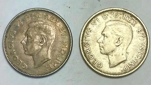 (2 Coin Lot) 1946, 1947 Canada 25 cents KM #3/  *0.800 Silver* ASW .30 Troy oz